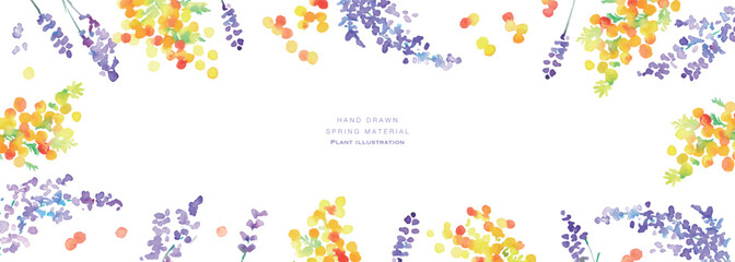 水彩画。水彩タッチのラベンダーベクターイラスト。ラベンダーの春植物背景。Watercolor painting. Watercolor lavender vector illustration. Lavender spring plant background.