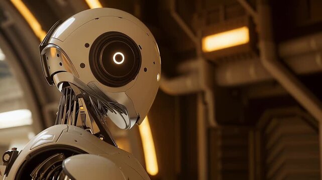Humanoid robot with an illuminated eye considering a complex problem or future possibilities within a cutting edge research and development environment, symbolizing innovation