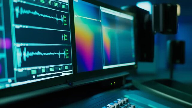 Professional recording studio mixer with digital screen showing sound wave patterns, representing music production, audio mastering, and post production work in a creative environment