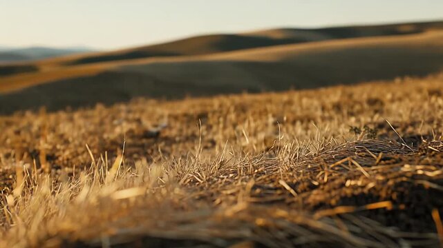 Parched earth and dry grass receiving warm golden sunlight in a rural agricultural landscape during a serene sunset, highlighting environmental concepts of drought and sustainability