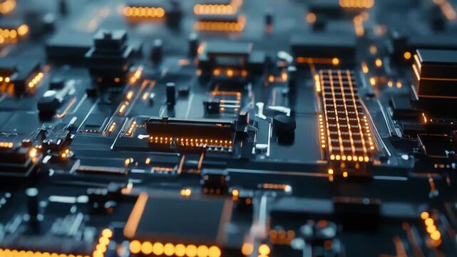 Glowing microchip and electronic components on a circuit board, illustrating high speed computing, data flow, ai enabled processing, and futuristic digital infrastructure connectivity