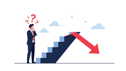 Obraz premium Businessman standing at the top of a staircase that suddenly turns into a steep downward arrow representing unexpected failure.