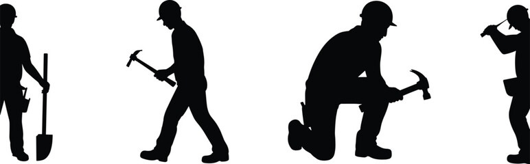 Construction worker silhouettes set, builders with hammers and shovel in action, professional labor collection isolated on white © Tanjimul