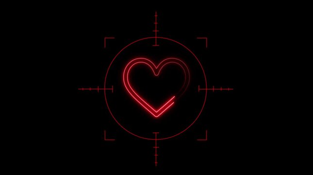 Neon Heart Symbol Glowing in Dark Digital Background with Target Crosshairs glowing heart dark background