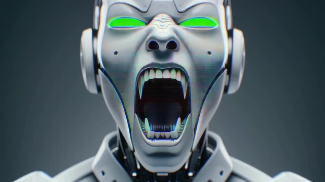 Futuristic female android robot face screaming with glowing eyes and digital glitch malfunction