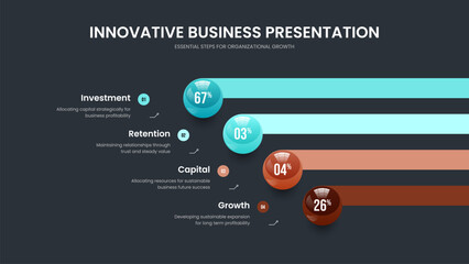 Fototapeta premium Advertising Briefing Four Element Graph Presentation Template. Colorful Report Frame Design Vector Illustration. Medical Insight 4 Step Diagram Slide Layout.