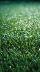 Fototapeta premium Emerald Dew Drops: Close-up of verdant blades of grass, each delicately adorned with glistening dewdrops, creates an alluring spectacle of natural elegance and freshness.