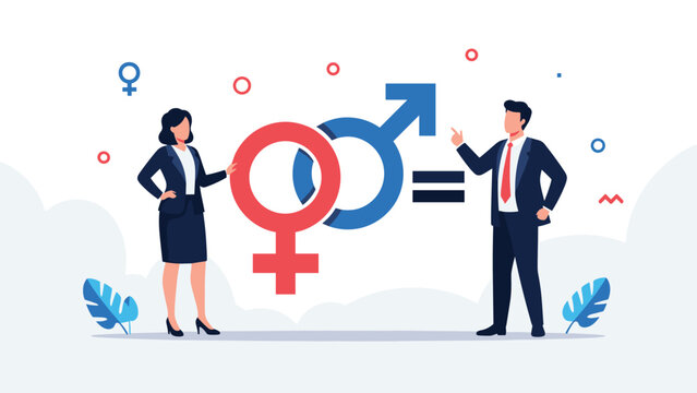 Man and woman in business attire stand on either side of combined gender symbols to represent workplace equality and diversity.