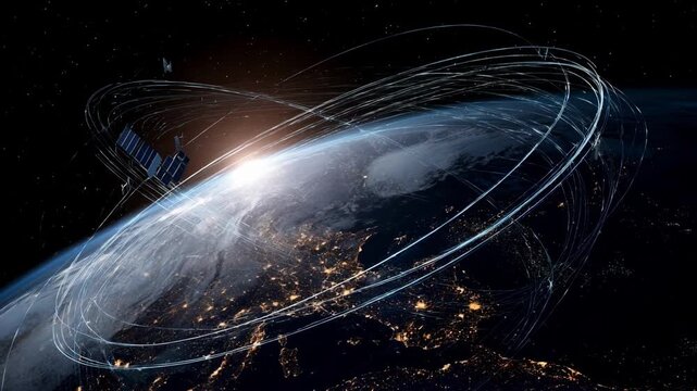 Medium shot capturing technical diagrams illustrating different satellite trajectory paths for safe disposal during retirement procedures.