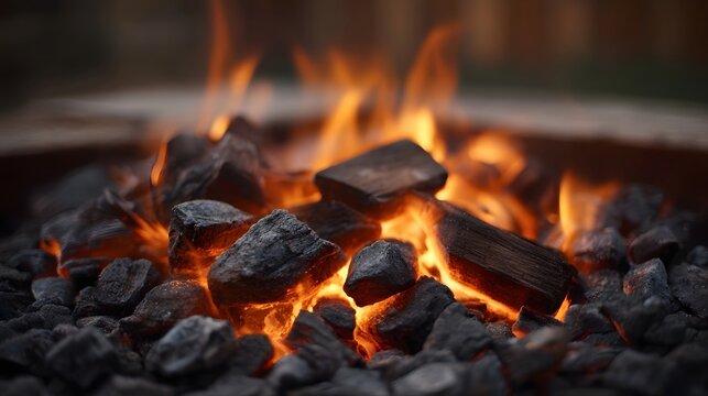 A detailed close up captures glowing hot charcoal pieces illuminated by vibrant orange and yellow flames evoking warmth and the start of a fire