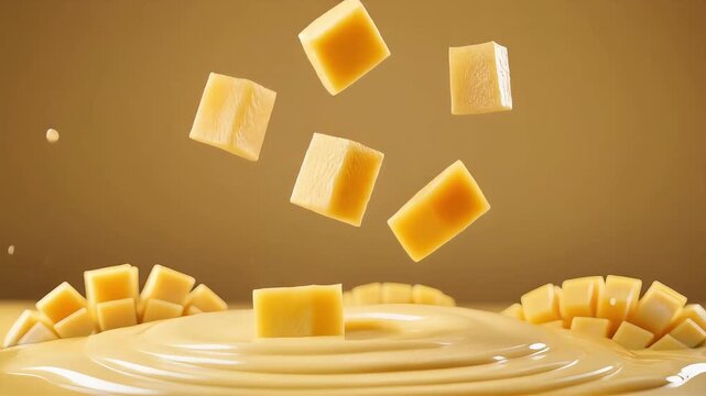 Mango slices levitating with creamy mango paste background for luxurious fruit commercial style.