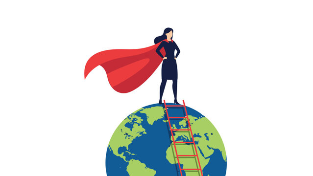 Superwoman in red cape stands atop globe with a ladder leading to the top, representing global female leadership and professional empowerment.