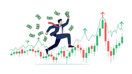 Obraz premium Excited businessman runs along a rising stock market candlestick chart with money flying around him, symbolizing high profit and wealth gain.