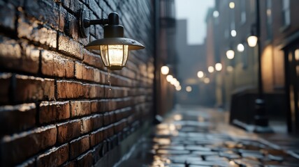 Dimly lit alleyway with fog and dripping brick walls.