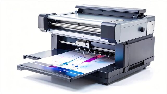 Modern wide-format printer/cutter with finished print, angled, and white background
