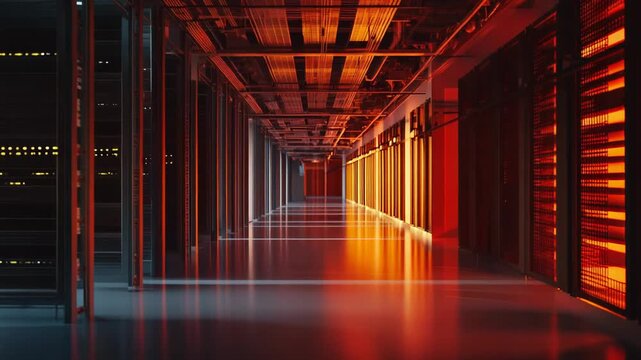 Data center corridor featuring rows of modern servers and racks, symbolizing advanced technology, big data storage, and digital transformation in cloud computing infrastructure