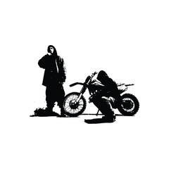 Naklejka premium Black and white illustration of a man with a dirt bike in street art style, grunge style, vintage retro style