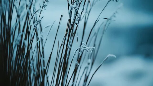 Dried grass stalks stand covered in frosty ice crystals, evoking a serene and calm natural landscape during a chilly winter morning with a soft blue background