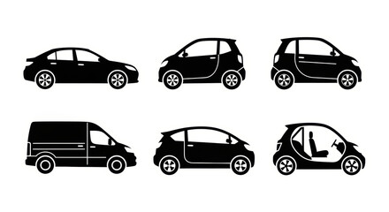 Diverse Car Icons: Sedan, Hatchbacks, and Van Silhouettes on White Background