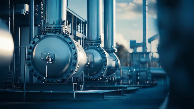 Industrial complex features a row of large metallic pipes and heavy engineering equipment, highlighting modern technology and infrastructure in energy production and manufacturing