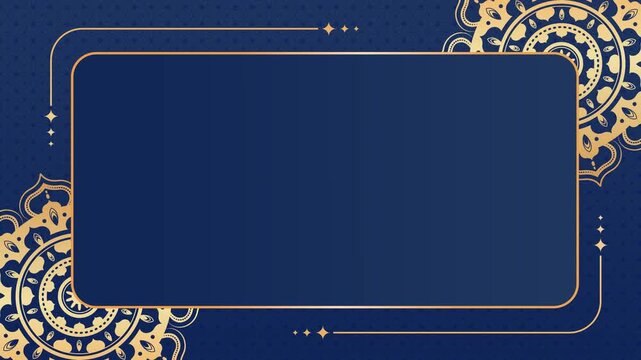 Modern Islamic mandala background with navy blue and gold color palette, clean ornamental composition, and refined geometric details