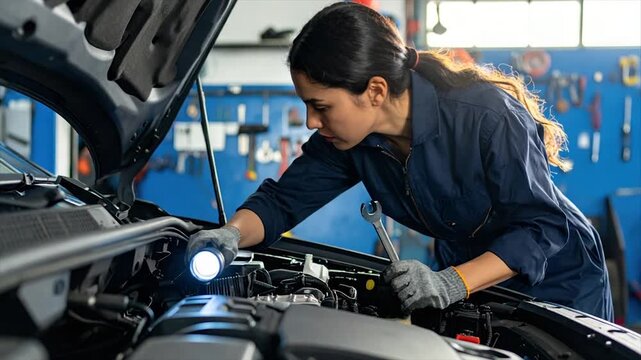 A female mechanic examines a car engine with a flashlight and wrench in a garage