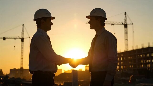 Two men in hard hats shake hands at sunset, cranes and a building silhouetted