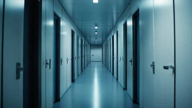 Modern clinic hallway with closed doors on both sides under cool fluorescent lighting, evoking sterile, minimalist medical privacy, isolation and quiet institutional perspective