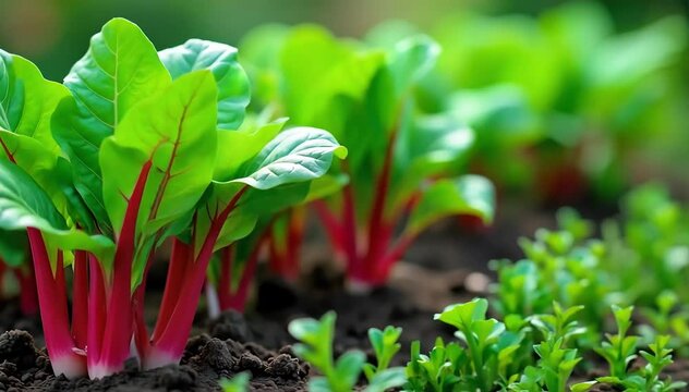 A chard plant with large green leaves and vibrant stems growing densely in a garden bed 