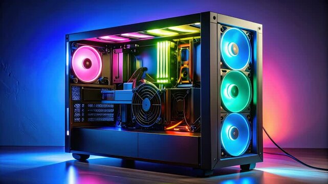 A modern computer case with colorful RGB lighting on fans and internal components