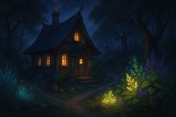 Fototapeta premium Enchanted forest cottage at night
