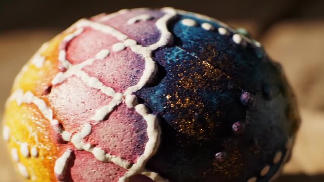 Close up of a colorful Easter egg with intricate patterns and textures.