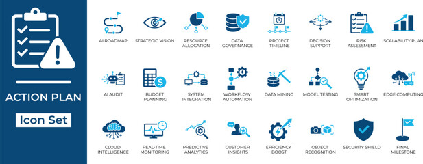 Modern AI technology, business strategy, and action plan vector icon set. Flat two-tone blue design for corporate project management, workflow automation, and data analysis. © Illustra_Vibe