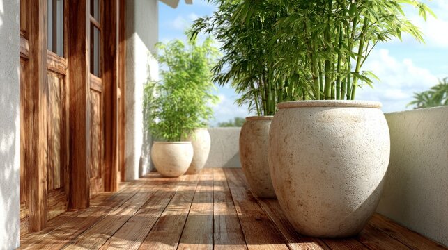 Cozy bamboo deck surrounded by wooden walls and lush vegetation, blending home and outdoor elements