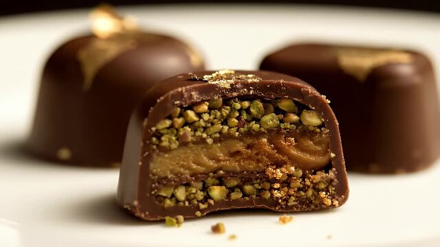 Luxury chocolates filled with pistachio and kunefe glow with golden detail. The glossy surface and layers emphasize indulgence and premium quality