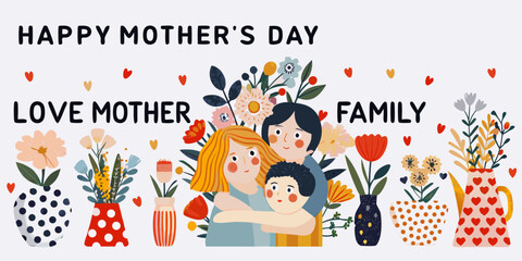 Obraz premium A heartwarming mother s day illustration featuring a family embrace and floral designs