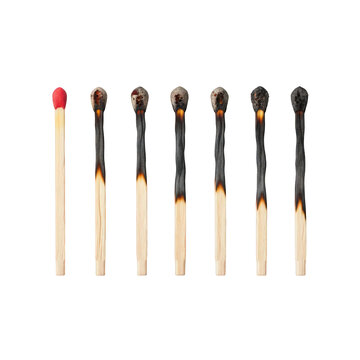 Set of burnt and unburnt matchsticks with red head isolated on transparent background
