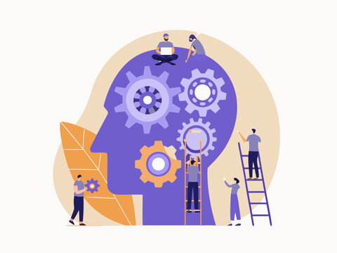 Human mind illustrated with gears people and a leaf representing thought processes