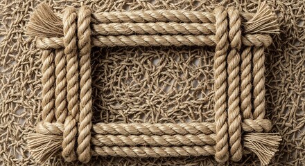 Rustic Rope Frame Border on Natural Fibers Background.