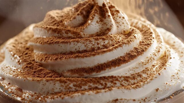 A delightful, continuously clip shows fine cinnamon sprinkles gracefully falling onto a swirl of fluffy whipped cream atop a steaming cup of hot cocoa.
