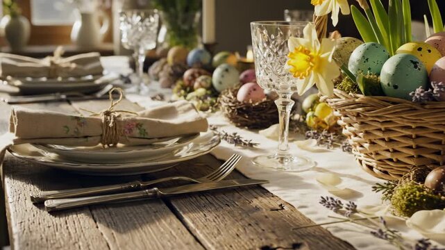 Festive Easter Table Setting with Decorated Eggs and Spring Flowers.