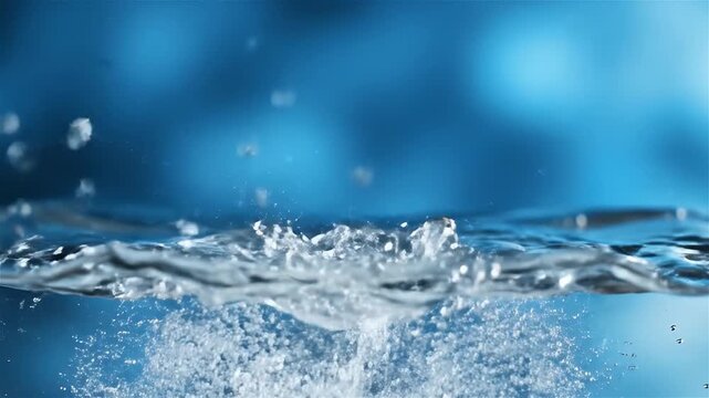 Crystal clear natural mineral water splashes dynamically. A drop of cosmetic essence serum falls in slow motion, showing a moisturizing formulation