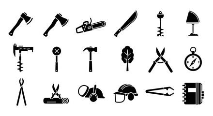 Fototapeta premium Minimalist black silhouette icon collection featuring twelve different tools used in forest management and fieldwork. The icons focus on functional abstraction and clean visual balance