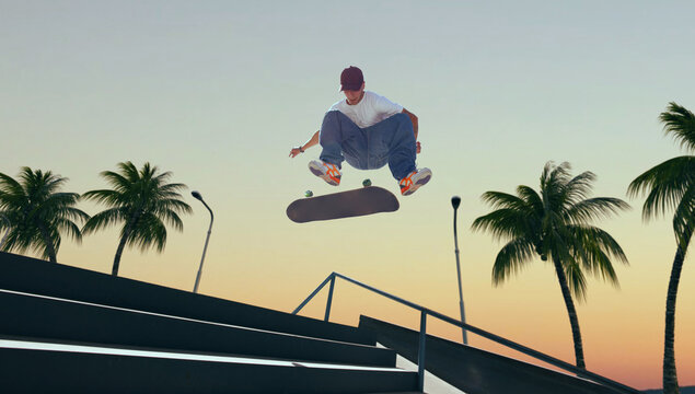 Skateboarder doing a trick in a skate park on sunset.