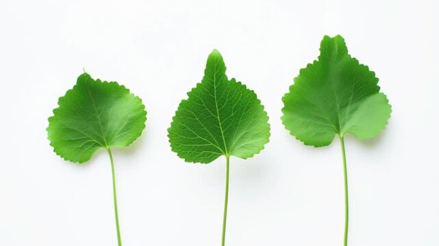 Three green leaves aligned on white background, botanical minimal composition, fresh plant foliage close up, natural organic leaf arrangement, clean ecological design, herbal growth concept, isolated 