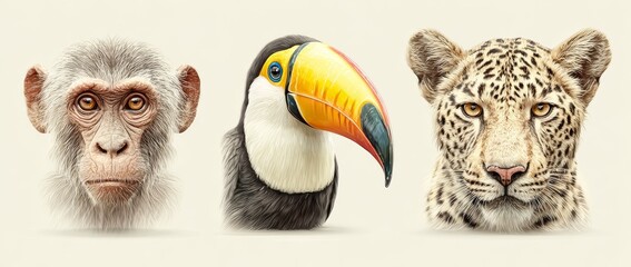 Fototapeta premium Intricate animal‑face portraits featuring an ape, a toucan, and a leopard