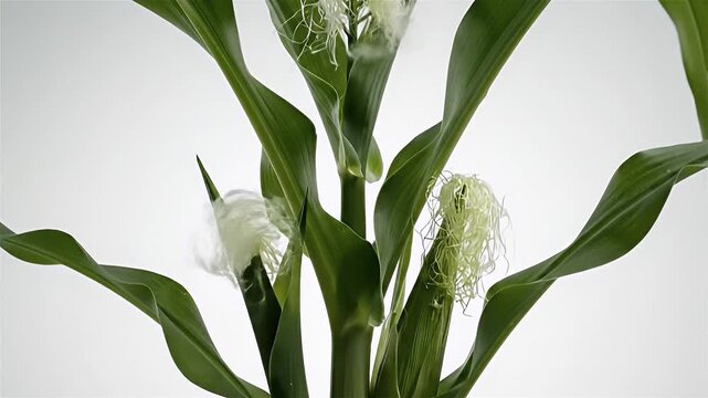 A dramatic time-lapse shows healthy corn plants rapidly growing from seedling to maturity against a pristine white background in a laboratory-like environment.