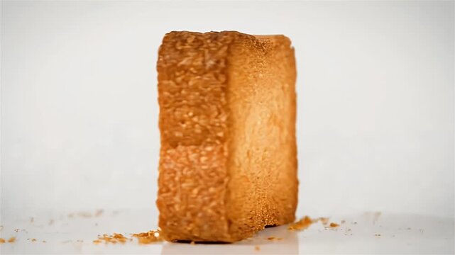 The hard, dry, twice baked biscuit turns slowly, showing its texture. This simple presentation is ideal for food and bakery related content ai generated