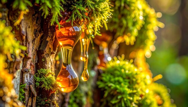 Golden Tree Resin Close Up in Forest Setting Showcasing Natural Healing Properties and Environmental Beauty.