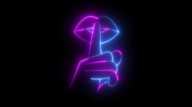 glowing neon please quiet icon isolated on black background. fingers over lips icon. Quiet sign, silent mode, silence, no loud sound, Silence Concept. 4k video animation.